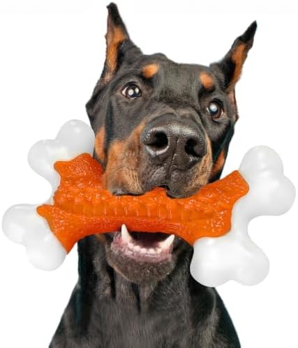 Kseroo Indestructible Dog Toys for Aggressive Chewers: Peanut Butter Flavored Hard Nylon Bone Chew Toys, Tough Dog Chew Toys for Large Dogs, Dog Toys to Keep Them Busy for Medium Large Breed, Orange
