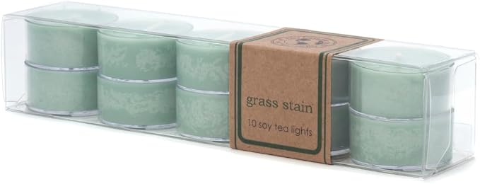 Eco Candle Co. Grass Stain Tea Light Candles, 10-Pack, 9 Hr Burn Time | Scents of Fresh Cut Grass, Recyclable, No Lead, Kraft Paper Label & Lid, Hand Poured, Phthalate Free, Midwest Grown Soybeans