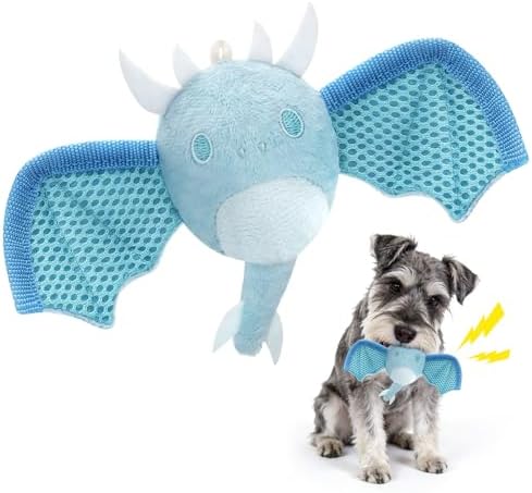 Interactive Dog Squeaky Toys, Indestructible Chew Toys Built-in Vanilla Ice Cream Flavored Ball, Puppy Plush Toys for Small Medium Chewers to Keep Them Busy - Blue Bat