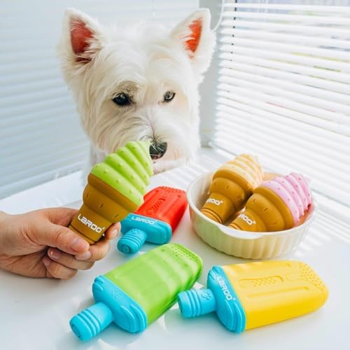 LaRoo Dogs Toys for Summer Cooling, Frozen Dog Toys, Full with Water Frozen, Prevention of Heat Stroke Upgraded Teething Chew Toy (Ice Pop Shape-Yellow)