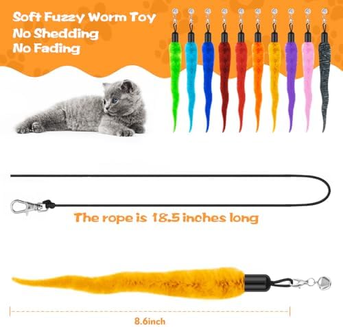 Kerros Fuzzy Worm Cat Wand Refills with Black String, 10 Pcs