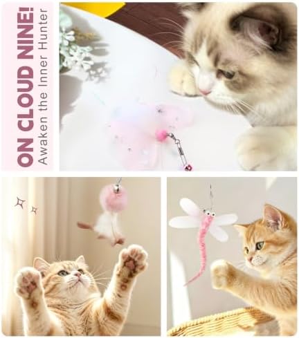 SONGWAY Interactive Cat Wand Toy Set - Retractable Cat Teaser Wand with 8 PCS Cat Toy Attachments, Dragonfly Butterfly Bird Mouse Yarn Ball Tassel Feather Cat Toy Refills for Indoor Cats Kittens, Pink