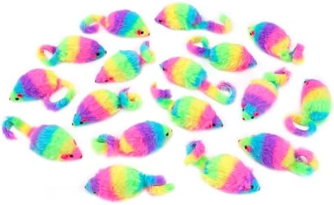 CHIWAVA 24PCS 2.8" Rainbow Color Furry Cat Toy Mice with Rattle Kitten Play