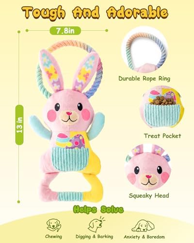 Swooflia Easter Tug of War Dog Toy - Squeaky Plush Dog Toy for Small Medium Dogs to Keep Busy, Interactive Crinkle Doggie Toy Cute Bunny with Soft Long Pull Handle (Not for Big & Aggressive Chewer)