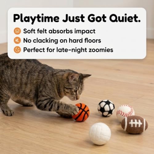 Glaciart One Sports Wool Balls for Cats – 5 Pcs with Catnip Pouch - Soft Fuzzy Enrichment 100% Natural Felt Cat Toy - Interactive Play Cat Toy Set - Safe for Pets, Non-AZO Colored Dyes – 1.6”