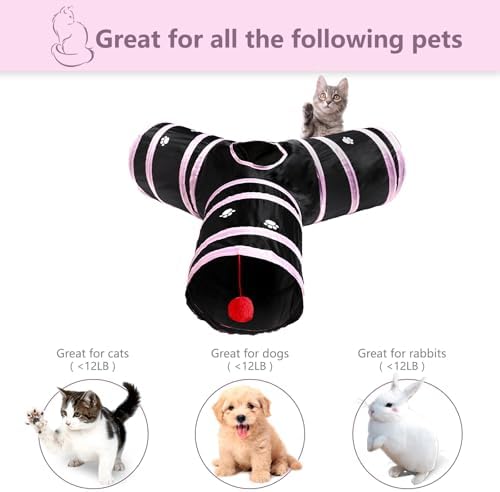 3 Way Cat Tunnel Collapsible Fun Pet Play Tube Toys for Cats, Kittens, Puppies & Rabbits - Portable Tunnel with Hanging Ball for Indoor Play, Hideout & Exercise