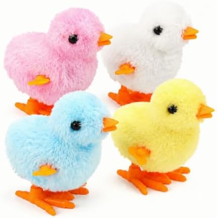Wind Up Plush Chicken Pet Toy Set of 4, Moving Jumping Fluffy Clockwork Chick Toys with Chirp Sound, Interactive Entertainment Play Toys for Cats & Dogs