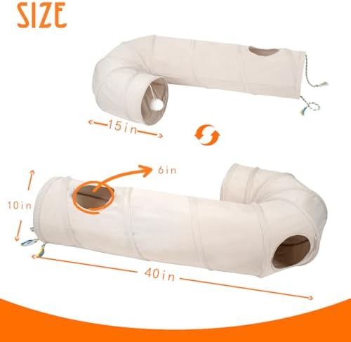 Cat Tunnel, 2-Way Collapsible Cat Tube with Interactive Peek-A-Boo Hole, Toy Ball, and Rope Ideal for Indoor Cats, Kittens, and Rabbits, Beige