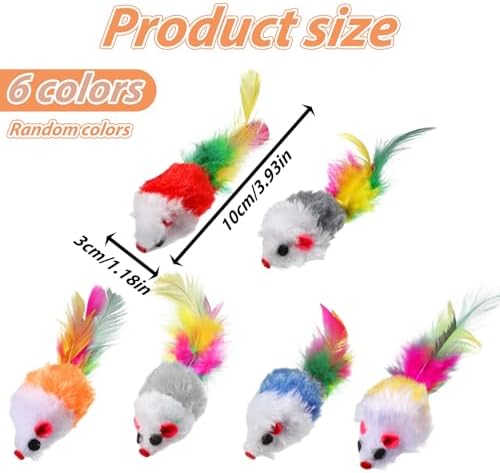 6 Pack Mouse Toys for Cats, Furry Rattle Interactive Mice Toys with Feather Tails Realistic Faux Fur Cat Mouse Toys for Indoor Cats & Kittens (6 Color)