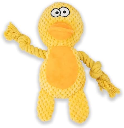 Squeaky Dog Toy Chew Plush Stuffed with Cotton Rope Crinkle Paper Soft Interactive Durable for Small Medium Large Dogs Puppy Pet Yellow Duck