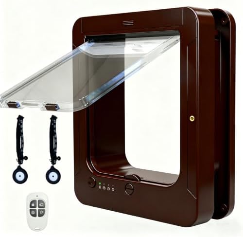 Smart Pet Door Cat Door, Automatic Pet Door, with Collar Sensor & Remote Control, Controllable Entry and Exit Directions(4 Locking Ways), 10.35"x11.73", for Cats & Small Dogs Brown