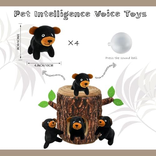 Hide and Seek Dog Toys Squeaky Bear Plush Toy with Crinkle Trunk, Interactive Dog Toy to Keep Them Busy Pet Teeth Clean Chew Toys for Small & Medium Dogs (Tree Trunk Hideout with 4 Bear)