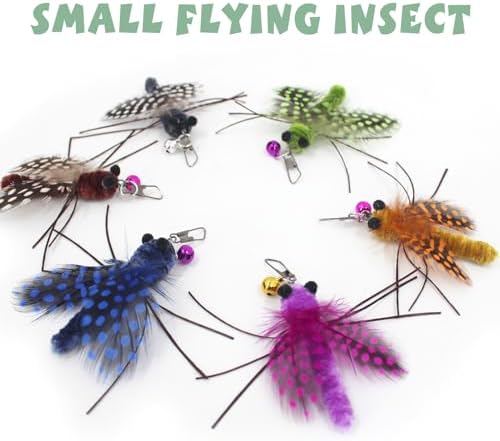 SONGWAY Insect Cat Toys with Feather - 6 Pieces Cat Insect Feather Toy Refills, Teaser Wand Attachments, Interactive Toys for Indoor Cats Kittens