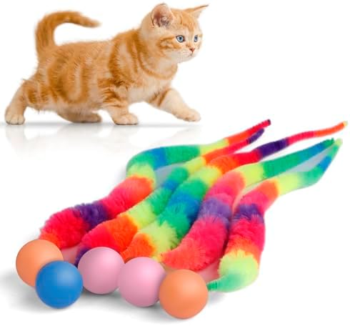 Bouncy Ball with Tail Cat Toys,5 Packs Rainbow Large Magic Worm with Ball Toy for Cats,Colorful Fuzzy Worm Bouncy Balls Cat Toy