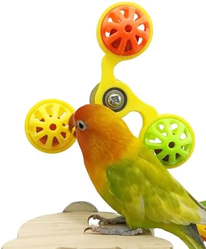 Spinning Bird-Toys Bird Cage Toys & Bird Perch Parrot-Parakeet Budgie Cockatiel Conure Macaw Chicken Parrot Enrichment Cage Accessories Small Animal Chewing Toy (Yellow Spinner Bell)
