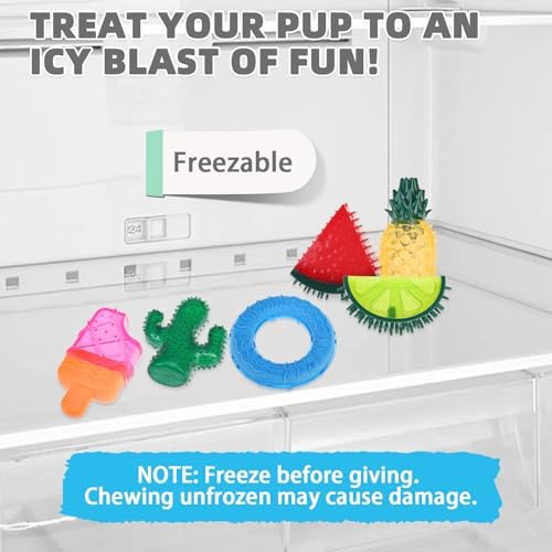 Cooling Chew Toys, 6 Pack Freezable Teething Toy Set for Puppies, Chew Toys Squeaky Fruits & Dessert Shapes Dog Toys, Frozen Dog Teethers for Small Medium Breeds,Summer Interactive Treat Tools