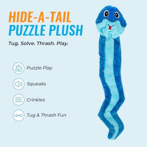 Guru Hide-A-Tail Blue Snake Plush Dog Toy - No Stuffing Interactive Puzzle Toy with Treat Pocket - Squeaky Crinkle Enrichment Toy for Tug and Fetch - Boredom Buster - XL All Breed Sizes