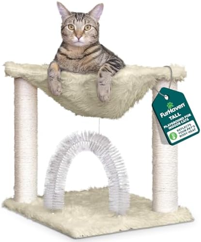 FurHaven 17.3" Tall Cat Scratching Post Tower for Indoor Cats, Sisal Cat Tree, Tiger Tough Hammock Interactive Playground, Toys & Perches for Cats, Sisal, Cream