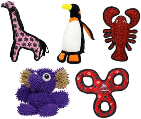 TUFFY® 5 Pack Jr Lobster, Giraffe, 3WayTug, Penguin & Elephant Dog Toys