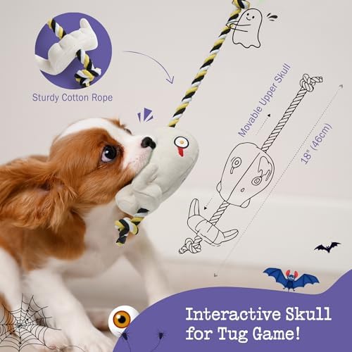 Fuzzwoof 5 Pack Halloween Dog Squeak Toys, Spooky Snacks + Skull Rope Large Dog Tug Toys, Food Theme Plush Puppy Interactive Toys for Fun & Teeth Cleaning