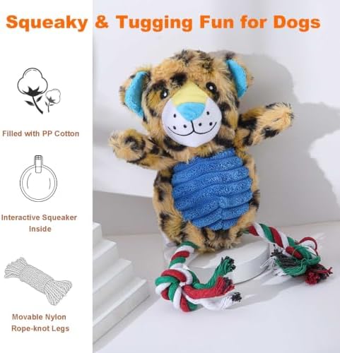 Leopard Plush Dog Toy with Rope and Squeaker for Small Medium Dogs