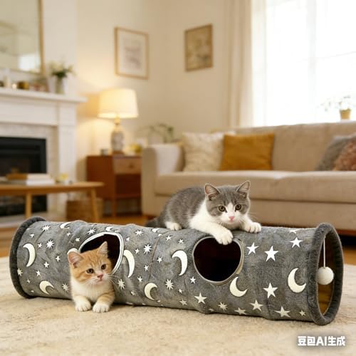 Glow-in-the-Dark Cat Tunnel for Indoor Cats Large Foldable Cat Play Tunnel with Hanging Ball 2 Peepholes Interactive Cat Toy for Kittens Pet Tunnel for Small Dogs Cat Tube for Indoor Cats