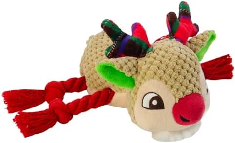 Christmas Dog Toy, Squeaky Toys with Crinkle Paper, Interactive Plush Puppy Chewer Dog Toys, Cute Rope Reindeer Hours of Fun, Gifts for Small, Middle Large Breed