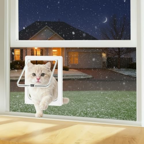 Cat Door for Window Insert, Fits 14-24 Inch, Clear Plexiglass, 4-Way Lock