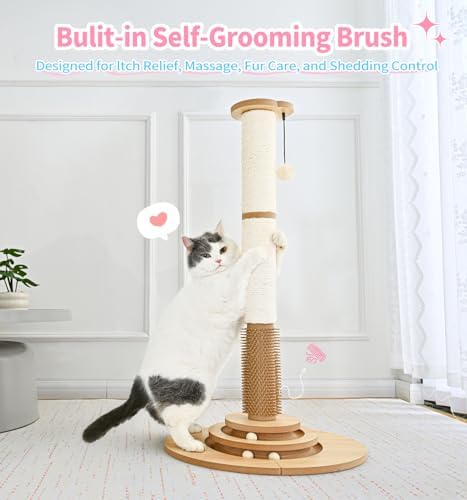 Made4Pets Tall Cat Scratching Post for Indoor Cats with Self Groomer, 33.6"