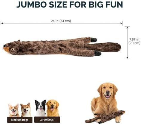 24” Stuffing-Free Dog Toy – Plush Beaver with 2 Squeakers & Crinkle Paper, Flat Body Quilted Design for Interactive Play, Medium & Large Dogs