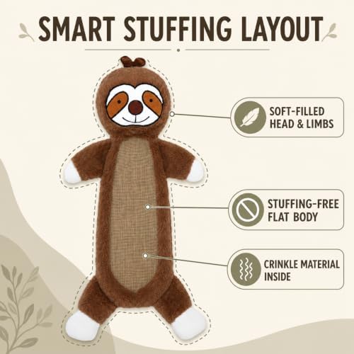 Sloth Squeaky Plush Dog Toy with Crinkle for Puppies, Small/Medium Dogs