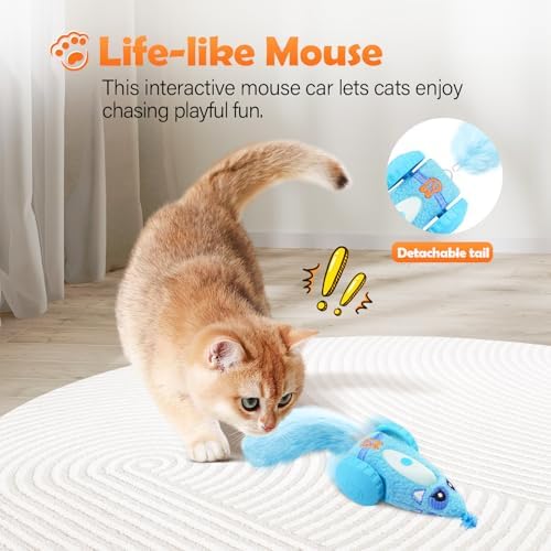 Migipaws Automatic Cat Toys for Indoor Cats, Plush Interactive Mouse Toy, Smart Moving Rechargeable Kitten Toy (Blue)