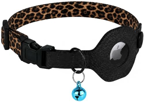 Breakaway Cat Collar with Leather AirTag Holder & Bell - Apple Air Tag Cat Collars for Girls & Boys, Lightweight Anti-Lost GPS Tracker Design, Printed Pattern - Safety and Adjustable (Leopard)