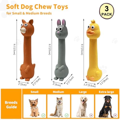 Latex Squeaky Dog Toys, 3 Pack Soft Rubber Dog Chew Toys, 8.7" Standing Stick Animal Pet Toy to Keep Them Busy, Interactive Fetch Squeak Toy for Puppy Small Medium Dogs