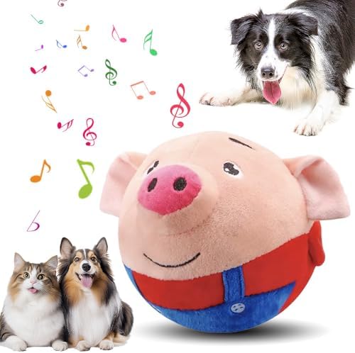 Active Moving Pet Plush Toy, Upgrade Interactive Dog Toys Talking Moving Dog Ball Toy Washable Cartoon Pig Plush Sound Electronic Herding Ball for Dogs Shake Bounce Boredom Talking Toys (Red Pig)