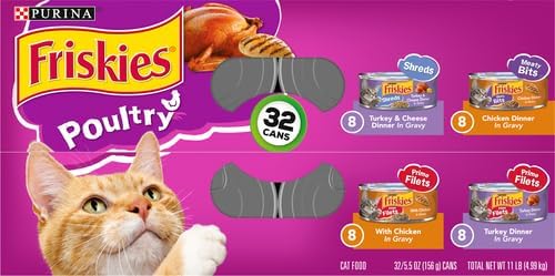 Friskies Purina Gravy Wet Cat Food Variety Pack, Poultry Shreds, Meaty Bits and Prime Filets - 5.5 oz. Cans (Pack of 64)