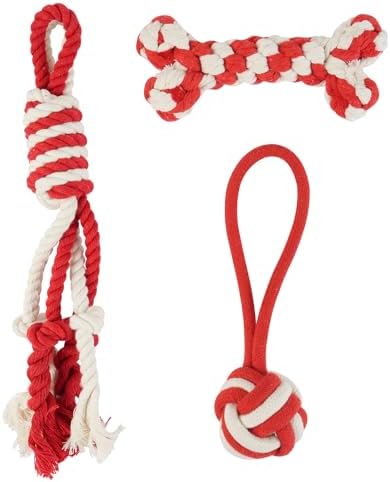 3 Pack Cotton Rope Dog Toy Set, Indestructible Chew Toys for Aggressive Chewers, Puppy Teething Toys with Bone, Human & Rope Dog Ball Designs for Boredom Relief & Tug of War， Red-White