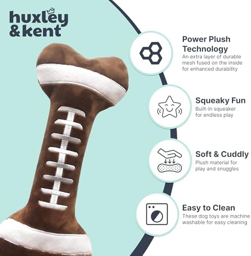 Huxley & Kent Funny Dog Toy w/Squeaker – Power Plush Squeaky Dog Toys for Small, Medium & Large Dogs – Soft Stuffed Animal for Indoor Play & Fetch - Football Bone, Small
