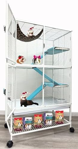 X-Large 31"x18.5"x53.5"H 4-Tiers Deluxe Two Full Story Double Unit Double Large Front Doors Tight 1/2-inch Wire Spacing for Feisty Ferret Hammock Chinchilla Cat Sugar Glider Critter Home On Wheels