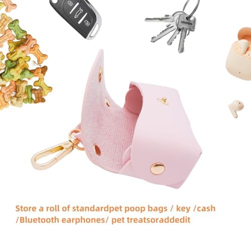 Leather Poop Bag Holder Dispenser for Leash, Portable and Reusable Dog Poop Dispenser, Dog Bag Holder for Walking, Outdoor, Travelling (Pink)
