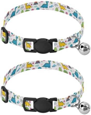 Cartoon Dinosaurs Volcano White Dog Bell Collar 2 Pack Kitten Collars Adjustable 10.6 to 17.1 Inches