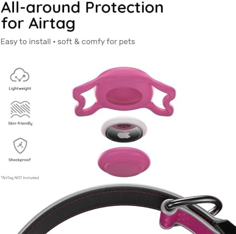 Heavy Duty Dog Collar with Silicone AirTag Holder, Waterproof & Reflective Padded Pet Collar for Night Walking, Hotpink Plaid Oxford Cloth, Adjustable Buckle (Pink L)