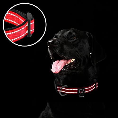 azuza Reflective Dog Collar,Soft Neoprene Padded Pet Collar with ID Tag Ring,Adjustable for Large Dogs,Red,L