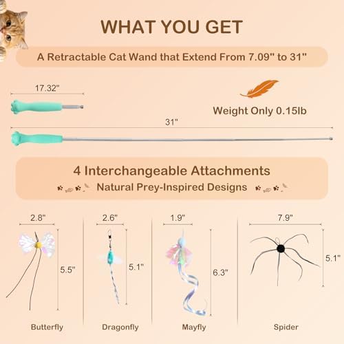 Cat Wand Toy – Retractable Wand with 4 Feather Toy Refills for Indoor Cats Enrichment, Interactive Cat Toy for Bored Adult Cats and High-Energy Kittens (BioBugs Serie 2.0)