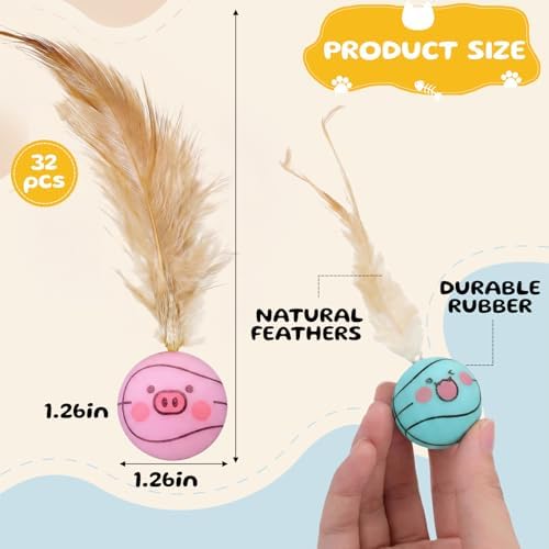 Teyva 32 Pcs Cat Bouncy Ball Toys with Natural Feathers, Interactive