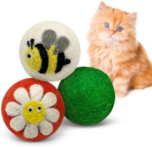 Love Ewe Wool Cat Toys Ball 3 Pack, 2-inch Flower and Bee
