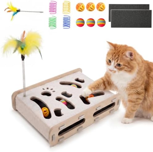 5-in-1 cat nail file scratcher enrichment box - interactive cat toys for indoor cats, Large felt cat puzzle feeder with replaceable sandpaper, Includes 6 balls ,4 spring toys,and feather toy(beige)