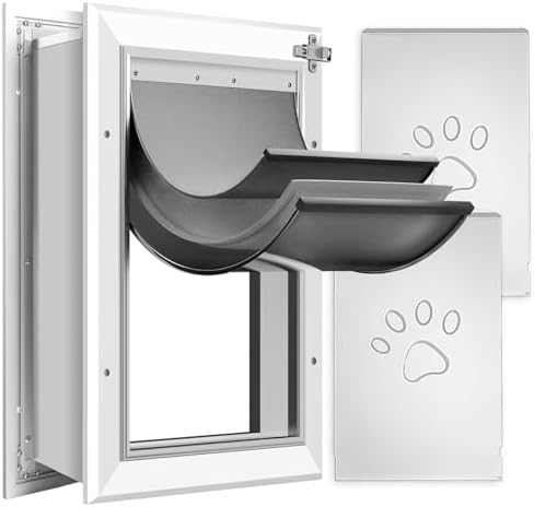 [Petoasis] 3-Flaps Heavy-Duty Dog Door for Wall,Rustproof Aluminum Frame | Energy-Efficient,Thick Flaps Block Wind Snow Rain Intrusion in Extreme Weather (Silvery White, Meduim for Wall)