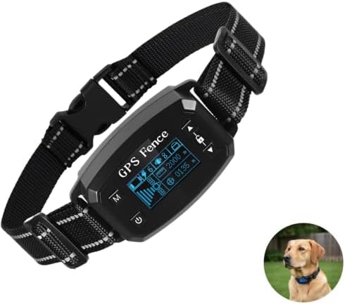 GPS E-Fence Collar, Wireless Dog Fence System for Pet Training, 0.018-1.2 Miles, 30-2000 m Boundary, Bark Trainer with 3 Correction Modes, IPX6 Waterproof ABS, Black, 1000 mAh Battery