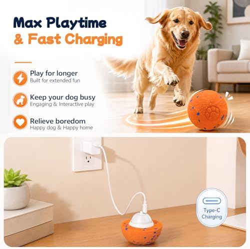 Interactive Moving Dog Toy Ball, 3 Automatic Bouncy Modes, Durable E-TPU Material for Chewing, Rechargeable and IPX7 Waterproof, Enrichment Smart Fetch Toy for Medium Large Dogs (Orange)